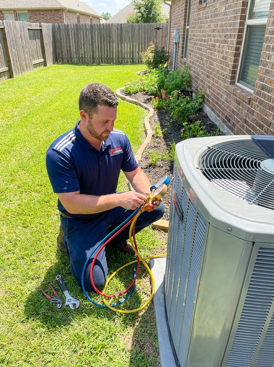 TMark technician servicing an outdoor AC condenser unit in Rochester, NY